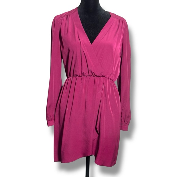 Brigitte Bailey Burgundy Wrap Front Long Sleeve V-neck Chic Mini Dress - Picture 4 of 15